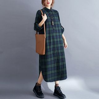 Plus size women's autumn fashionable fat mm hem slit shirt skirt mid-length loose and slim plaid dress