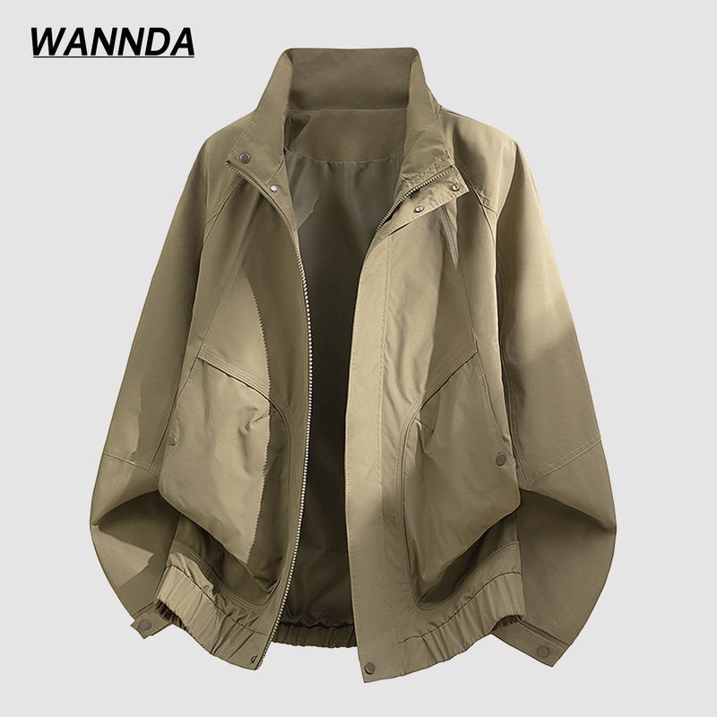 Workwear Style Stand Collar Jacket for Men, New Autumn Style, Loose Fit, Multi-Pocket Zipper Coat, Trendy Versatile Casual Top for Men