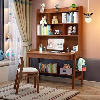Children's solid wood desk, home bedroom, simple bookshelf, integrated computer desk, liftable student writing and learning table and chairs
