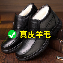 Winter cotton shoes mens defense cold and warm plus suede non-slip old cotton leather shoes genuine leather wool high help middle-aged and old daddy shoes