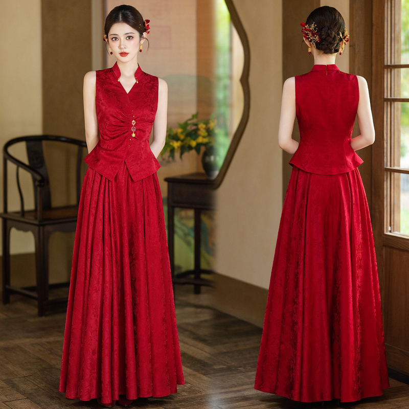 New Chinese-Style Red Engagement Dress 2026 New Model Bride's Casual Slimming Dress for Wedding Day, Toast Dress, Morning Robe, Homecoming Dress