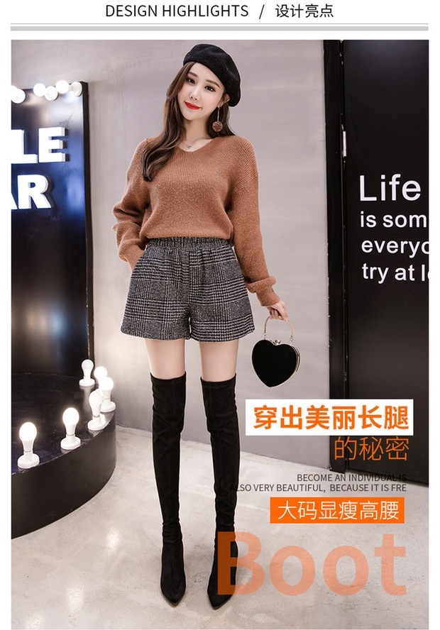 2018 mới quần short len ​​size lớn mùa đông nữ mặc quần ống rộng chất béo mm co giãn eo mùa thu và mùa đông mẫu giày đế bệt quan dui nu