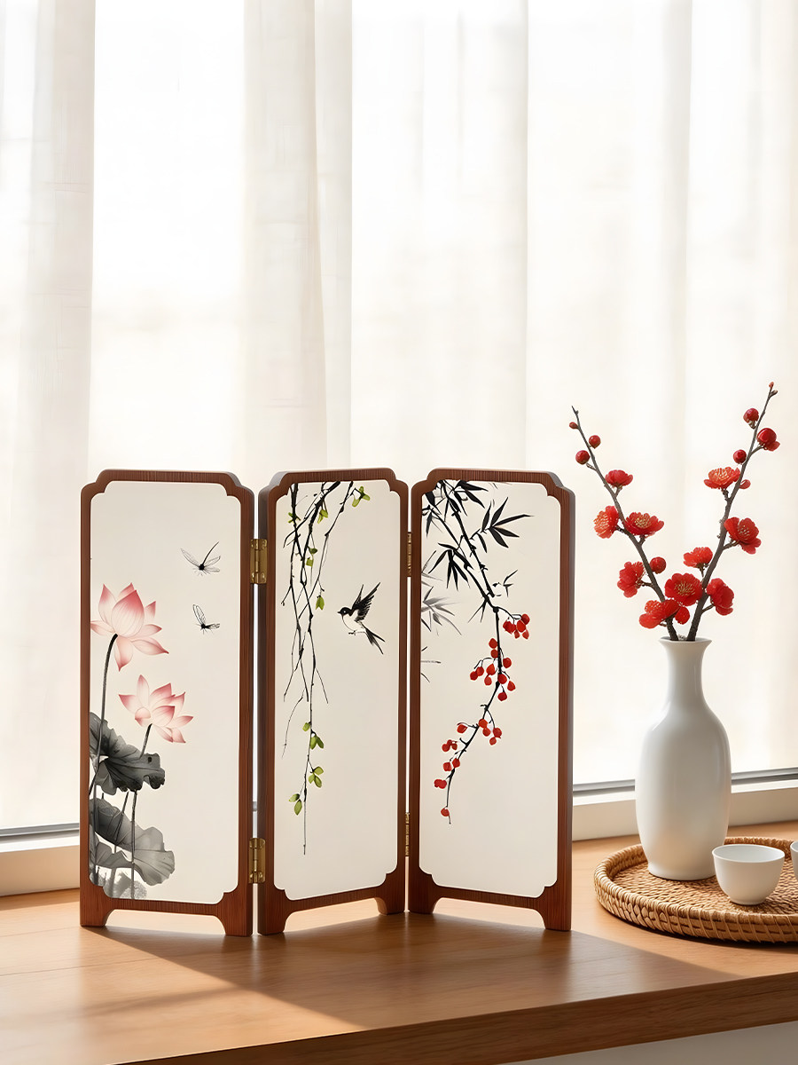 Yinghao New Chinese Style Floral and Bird Desktop Screen Divider Living Room Tea Room Decorative Ornament Three-Panel Folding Small Screen Decoration