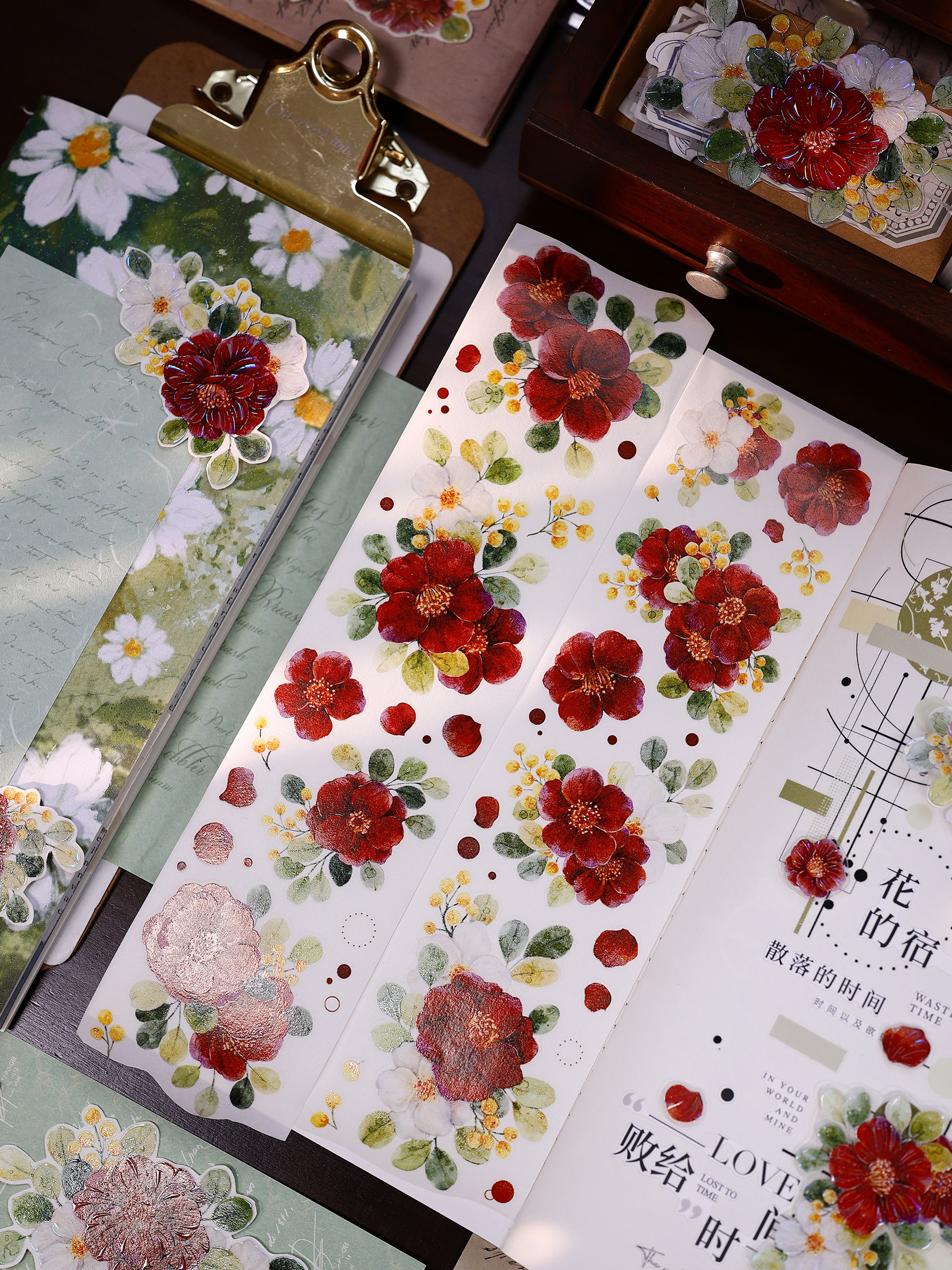 赤茶赴春 春の紅白山茶花 和紙 PET 型抜き手帳コラージュテープ 小白家 