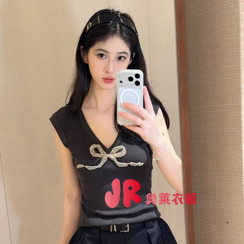 Jr Women's 2026 Summer New Fashion Versatile V-Neck Slim Fit Bow Knit Top Xsj3B02D Jr Women's 2026 Summer New Fashion Versatile V-Neck Slim Fit Bow Knit Top Xsj3B02D