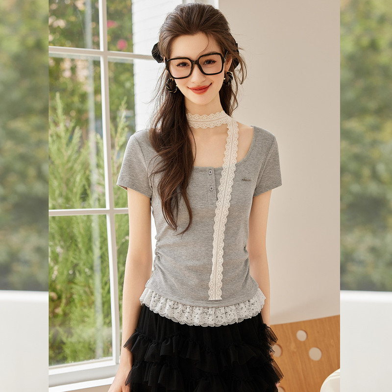 [Exclusive for Strawberry Fans] &Bailuyu Sweet and Fashionable Lace Waist-Cinching U-Neck Lace T-Shirt Hu50227