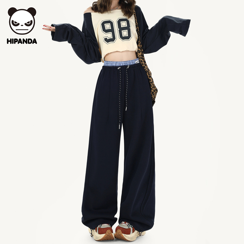 Hipanda Hello Panda American-Style Wide-Leg Pants for Women, Autumn 2026 New Model, Plaid Patchwork Double Waistband Casual Pants Hipanda Hello Panda American-Style Wide-Leg Pants for Women, Autumn 2026 New Model, Plaid Patchwork Double Waistband Casual Pants