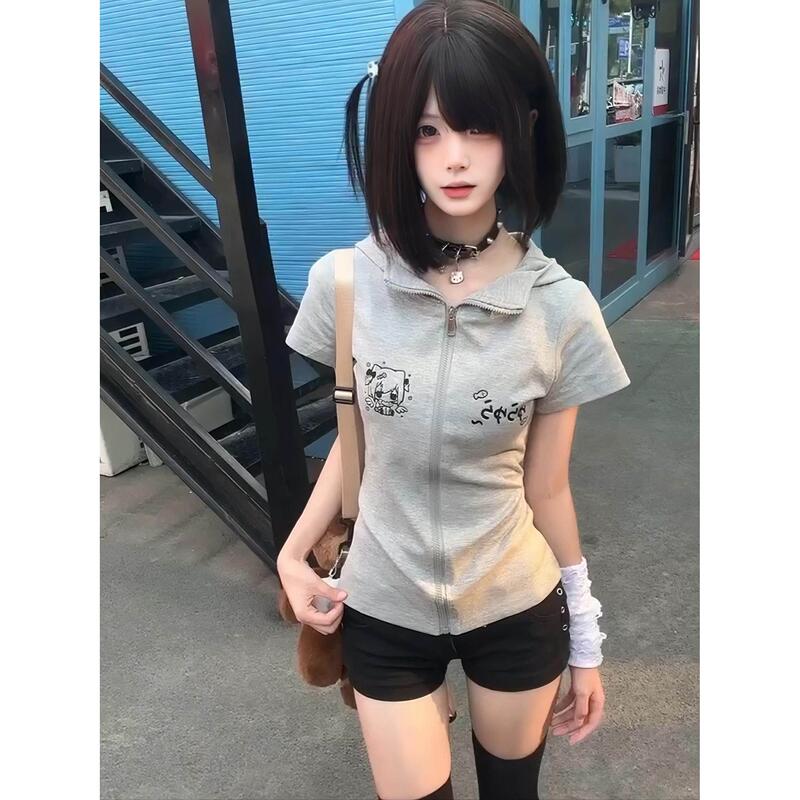 Japanese-Style Gray Cute Cat Ear Hooded Short-Sleeve Zip-Up Sweatshirt Jacket for Women, Summer Slim-Fit Outerwear Top