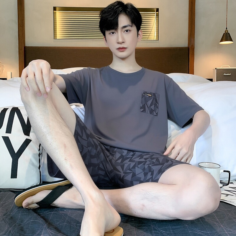 Fentenkean Men's Pajamas Summer Solona Short-Sleeved Shorts Thin Cool-Feeling Youth High-End Home Wear Fentenkean Men's Pajamas Summer Solona Short-Sleeved Shorts Thin Cool-Feeling Youth High-End Home Wear