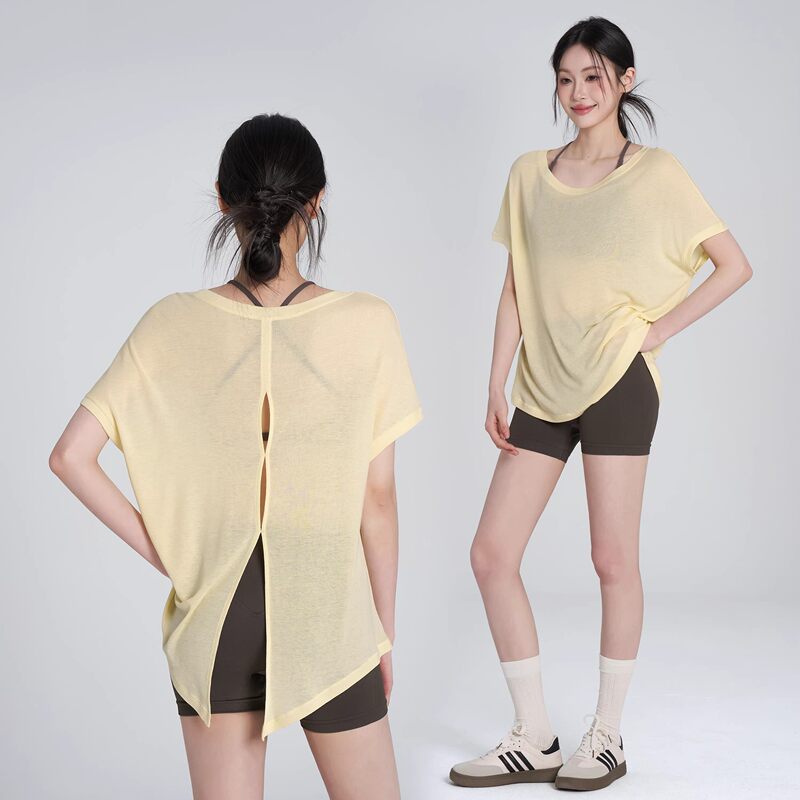 Yoga Clothing for Women, Short-Sleeved, Transparent, Loose-Fitting T-Shirt, Sports Fitness Clothing, Quick-Drying Running Training Cover-Up, Summer Thin