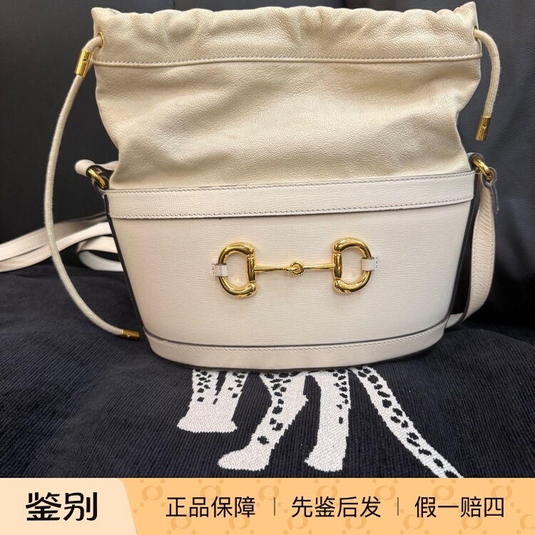 【98% New】Gucci Horsebit White Gold Buckle Drawstring Bucket Bag