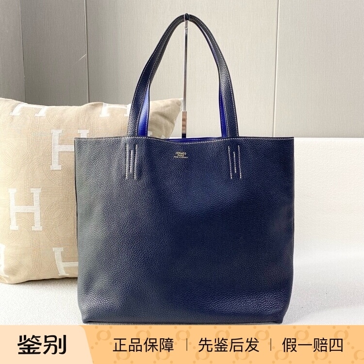 [98% New] Hermes/ Hermes Deep Blue Color-Blocked Double-Sided Togo Leather Shoulder Tote Bag