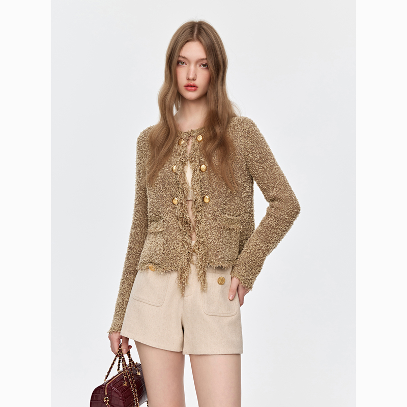 Jovvi "Mocha Tassel" Milk Coffee Color Cardigan with Gold Buttons and Butterfly Yarn Tassel Trim, Elegant and Luxurious Knit Cardigan