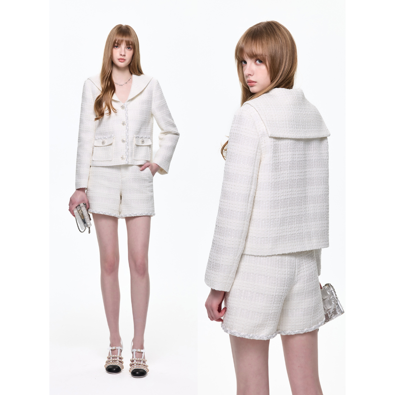 [in Stock] Jovvi "Voyager" Navy Lapel Transparent Sequin Plaid Jacket + Mid-Length Shorts Set