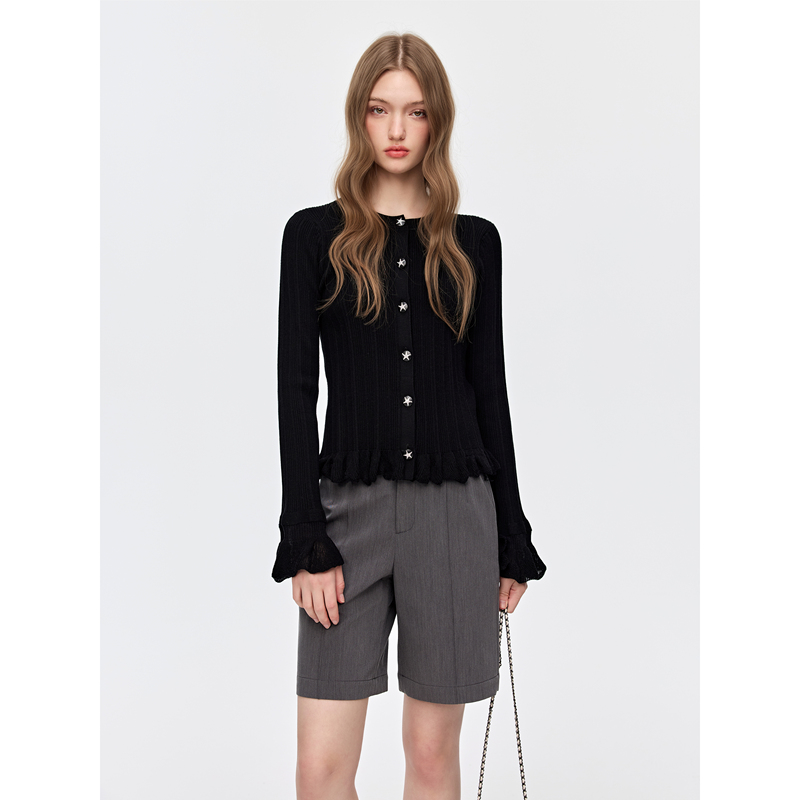 Jovvi "French Girl Style" Black Simple Thin Ruffled Hem Slim Fit Versatile Knitted Cardigan