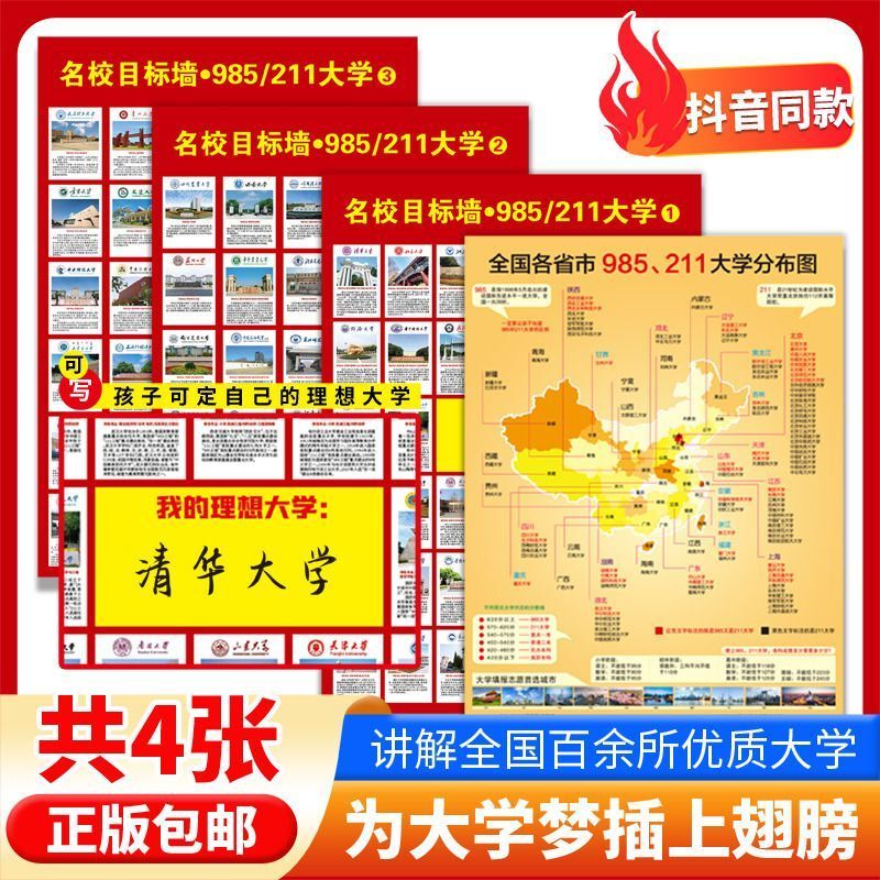 Authentic Prestigious School Goal Chart 985/211 University Introduction Wall Stickers with Admission Scores, Suitable for Elementary, Middle, and High Schools, Motivational Study Posters, Student Dormitory Classroom Decoration