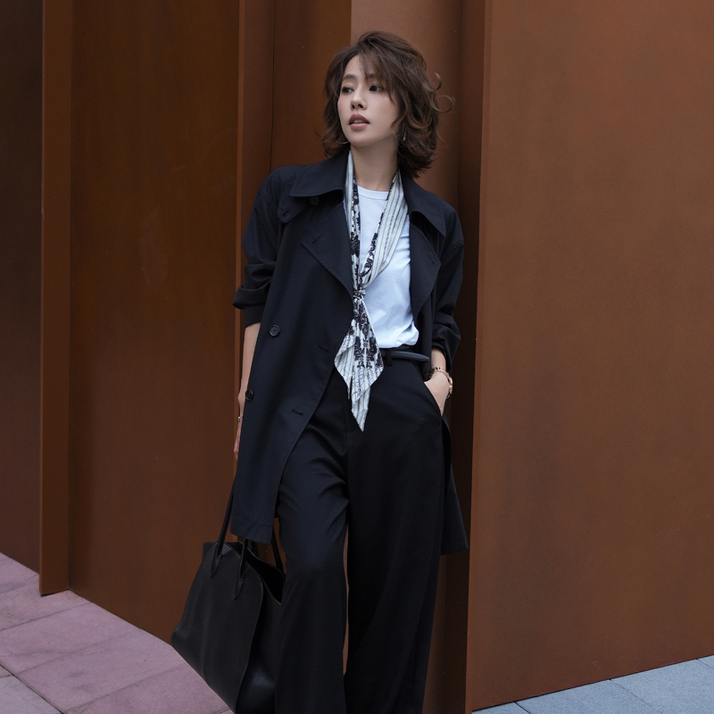 Boss Wei [Benoili] Mulberry Silk Wool Blend Black Mid-Length Waist-Tailored Trench Coat Autumn Elegant Outerwear