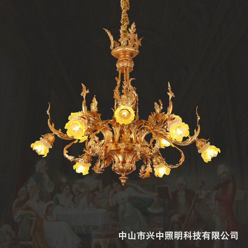 French retro all-copper chandelier, European-style luxury villa, atmospheric living room, bedroom, study, lost-wax candle lighting