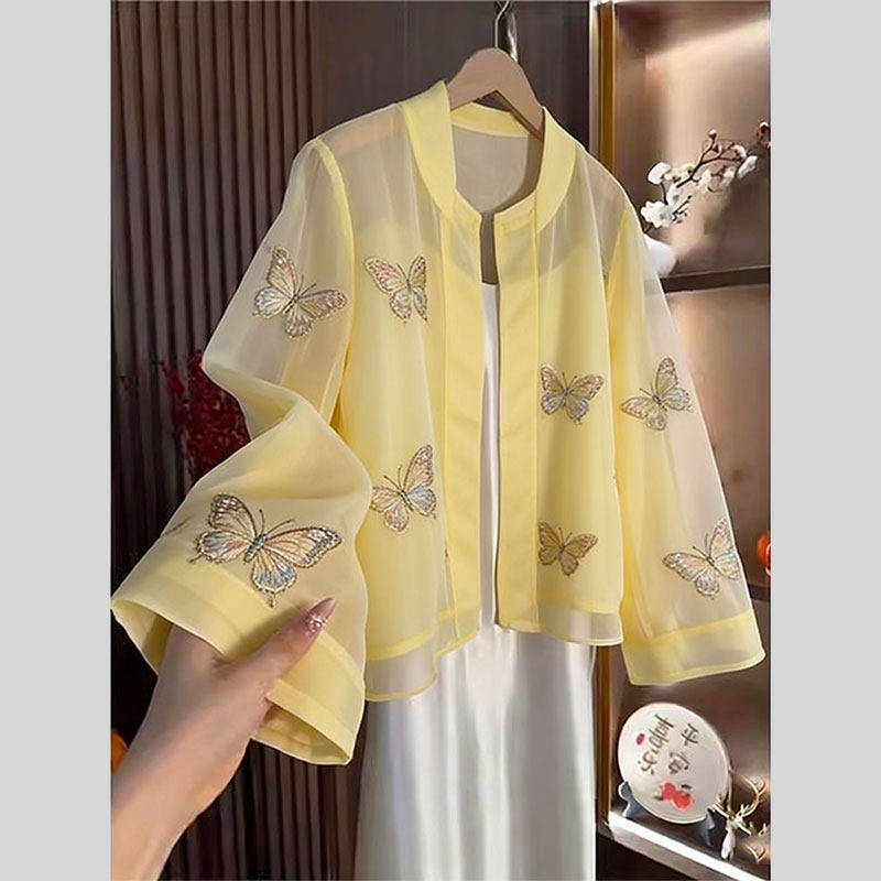 New Chinese Style Butterfly Embroidery Yellow Long-Sleeved Cardigan Jacket for Women, Sun Protection Shirt, Elegant Top