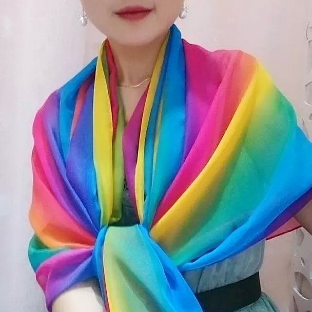 Chiffon Rainbow Colorful Scarf for Women, Colorful Gauze Scarf, Dance Silk Scarf, Oversized Beach Towel, Sun Protection Shawl for Spring and Summer