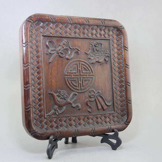 Goods Antiques Miscellaneous YX-9-19-Flower pear wood crafts miscellaneous items old eight-treasure map tray now decorated