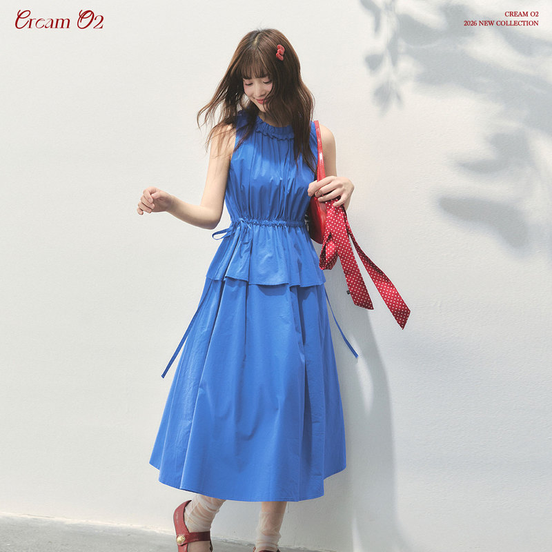 Cream Oxygen Blue Dress Women's Summer New Style Whitening Waist-Slimming Sleeveless Round Neck Design Mid-Length Dress Cream Oxygen Blue Dress Women's Summer New Style Whitening Waist-Slimming Sleeveless Round Neck Design Mid-Length Dress