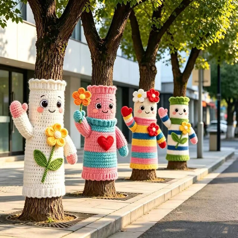 Outdoor Colorful Knitted Sweater Tree Decoration Finished Product Popular on Social Media for Photo Spots Handmade Yarn