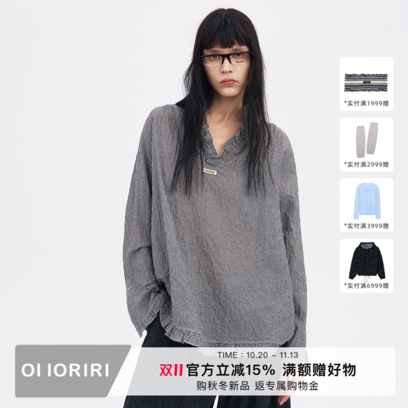 Oi Ioriri Relaxed Style Textured Cotton Blend Plaid Lace V-Neck Long-Sleeved Shirt 2026 Winter