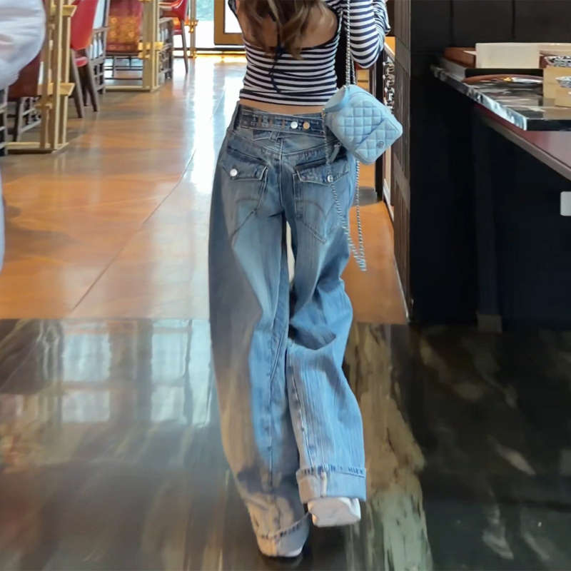 High-End Adjustable Buckle Slimming Wide-Leg Jeans for Women, 2026 Spring/Summer New Style with Pocket Design, Straight-Leg Floor-Length Pants High-End Adjustable Buckle Slimming Wide-Leg Jeans for Women, 2026 Spring/Summer New Style with Pocket Design, Straight-Leg Floor-Length Pants