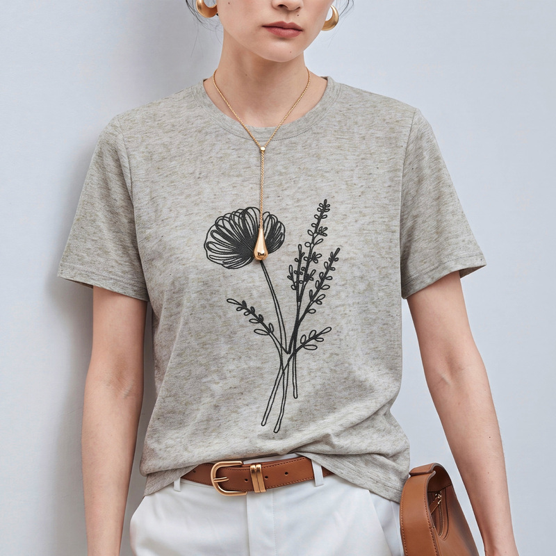 Coco Hurben Gray Round Neck Three-Dimensional Rope Embroidery Short-Sleeve T-Shirt, Artistic Forest Style Top Hbt1547