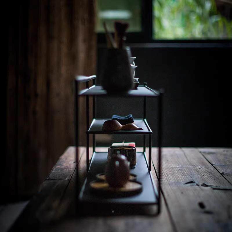 Iron art exhibition tea shed black Bogu rack tea set storage Japanese tea shed display tea rack room tea space desktop tea cabinet