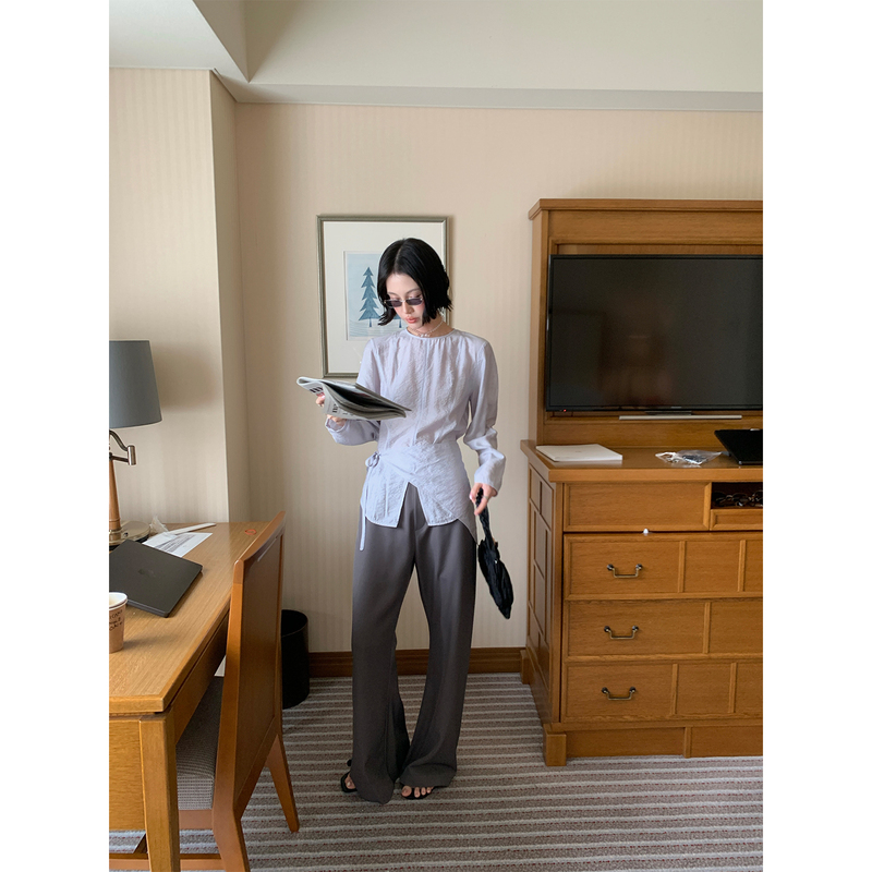 Mona Zhang Qixian Textured Square Scarf Shirt/Summer Women's Round Neck Elegant and Slimming Waist-Cinching Top