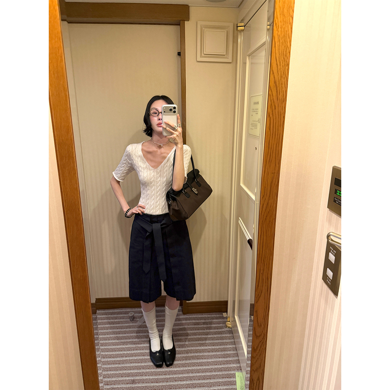 Mona Zhang Qixian Five-Point Suit Pants/High-End Relaxed Old Money Style Crisp Pure Cotton Mid-Length Shorts Summer Shorts for Women