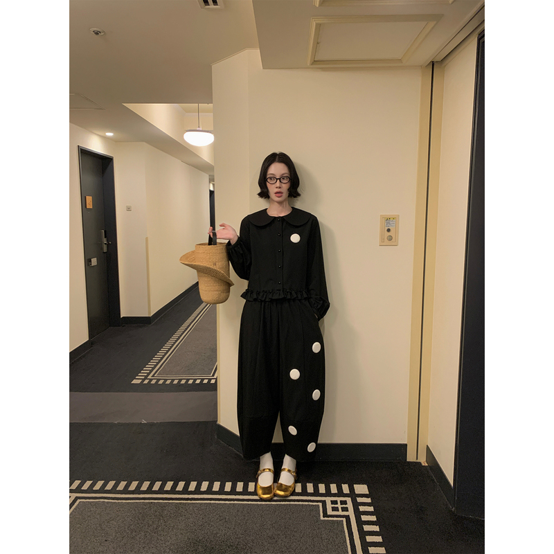 Mona Zhang Qixian Polka Dot Girl Outfit/Doll Collar Ruffled Lace Shirt/Wide-Leg Slightly Tapered Lantern Pants