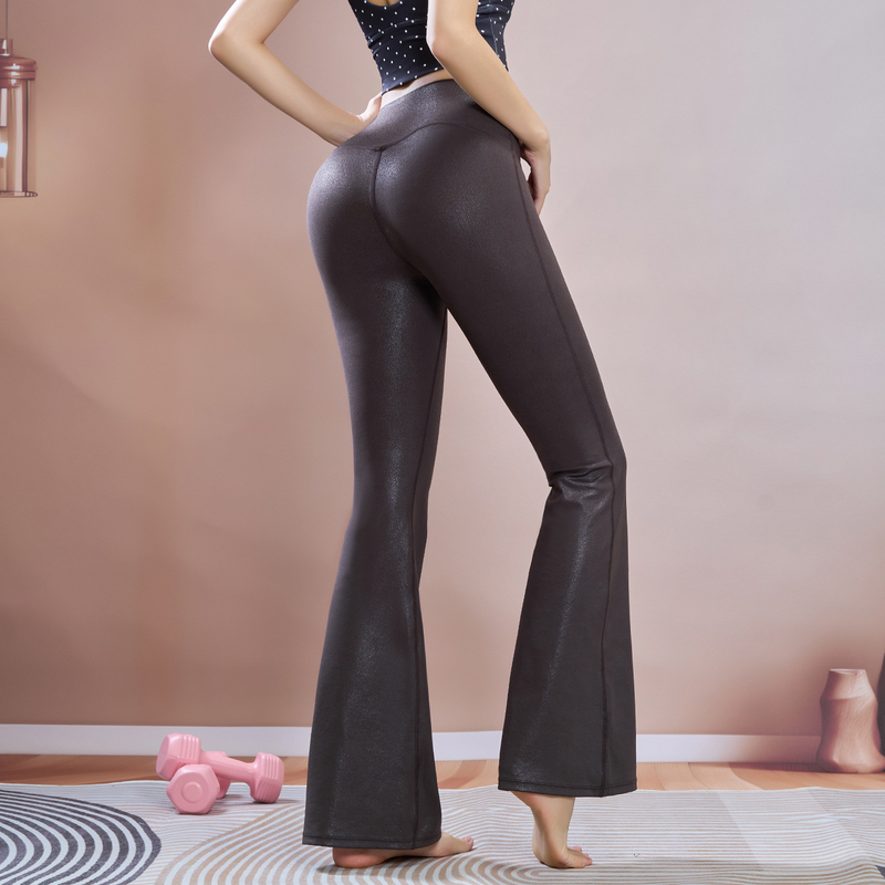 Molychee High-Waisted Faux Leather Seamless Anti-Roll Yoga Fitness Butt-Lifting Quick-Dry Sports Flared Pants for Women