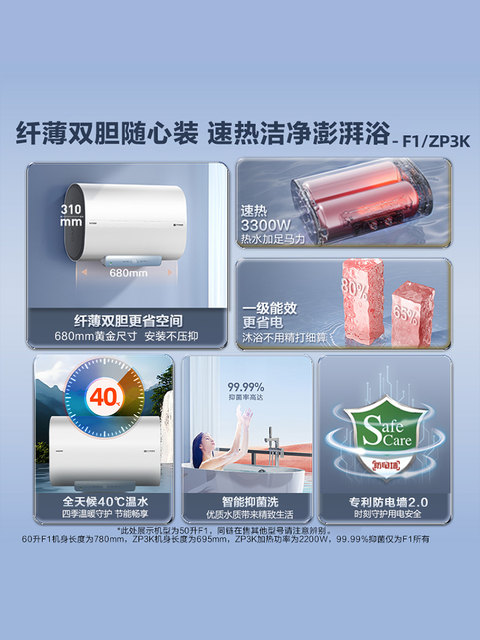 Haier Produces the Commander Electric Water Heater, a Compact, Slim, Dual-Tank Flat Tank Model for Home Use, Suitable for Rental Apartments, Fast Heating, Energy-Saving F1