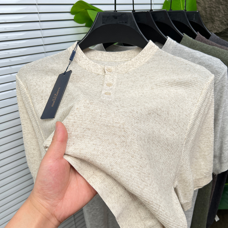 Lightweight Summer Tencel Linen High-End Luxury Knit Short-Sleeve Henley Collar Casual Lazy Old Money Style Men's T-Shirt