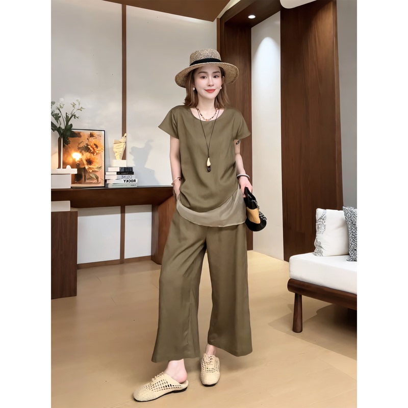 Nine Nine Nine | 【Mountain Wildness】Summer Minimalist Casual Mesh Patchwork Short Sleeve Wide Leg Pants Set D3417