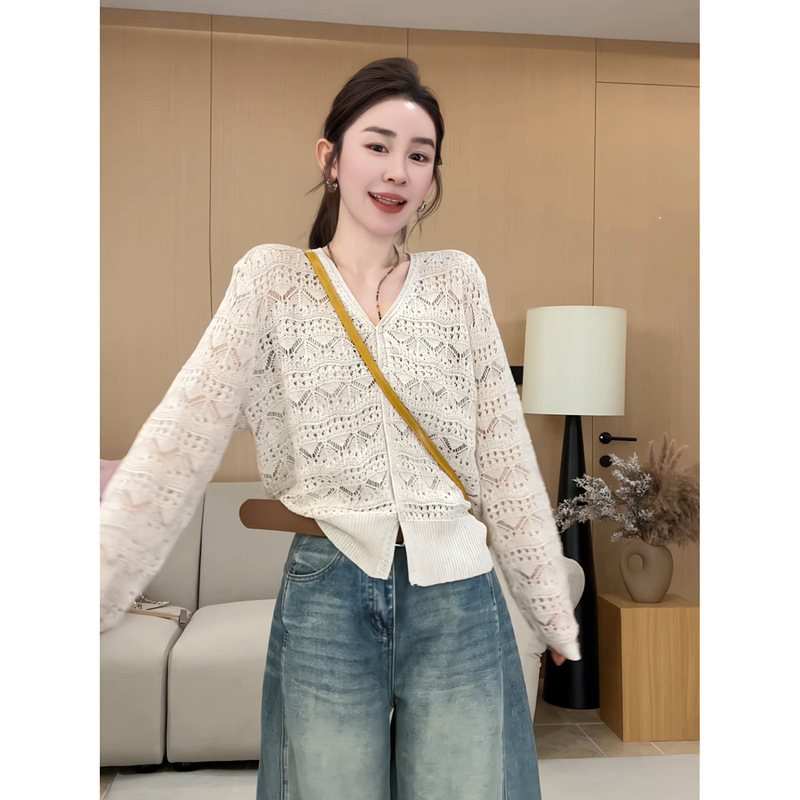 Nine Nine Nine | 【Silhouette in the Mist】Spring and Autumn Minimalist Hollow-Out V-Neck Wave Cuff Knitted Cardigan D1269