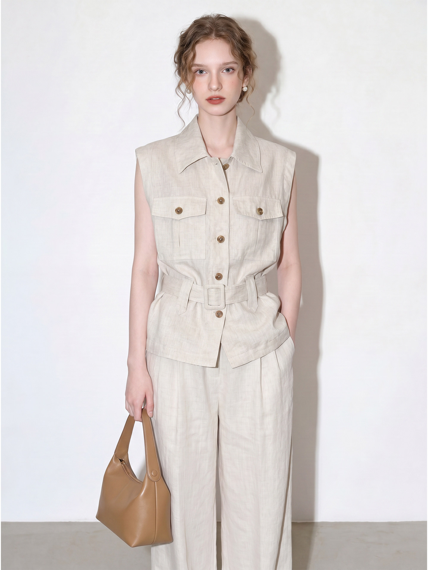 Hemp natural color sleeveless lapel vest wide leg pants suit for women 2026 summer new style waist commuting two-piece set