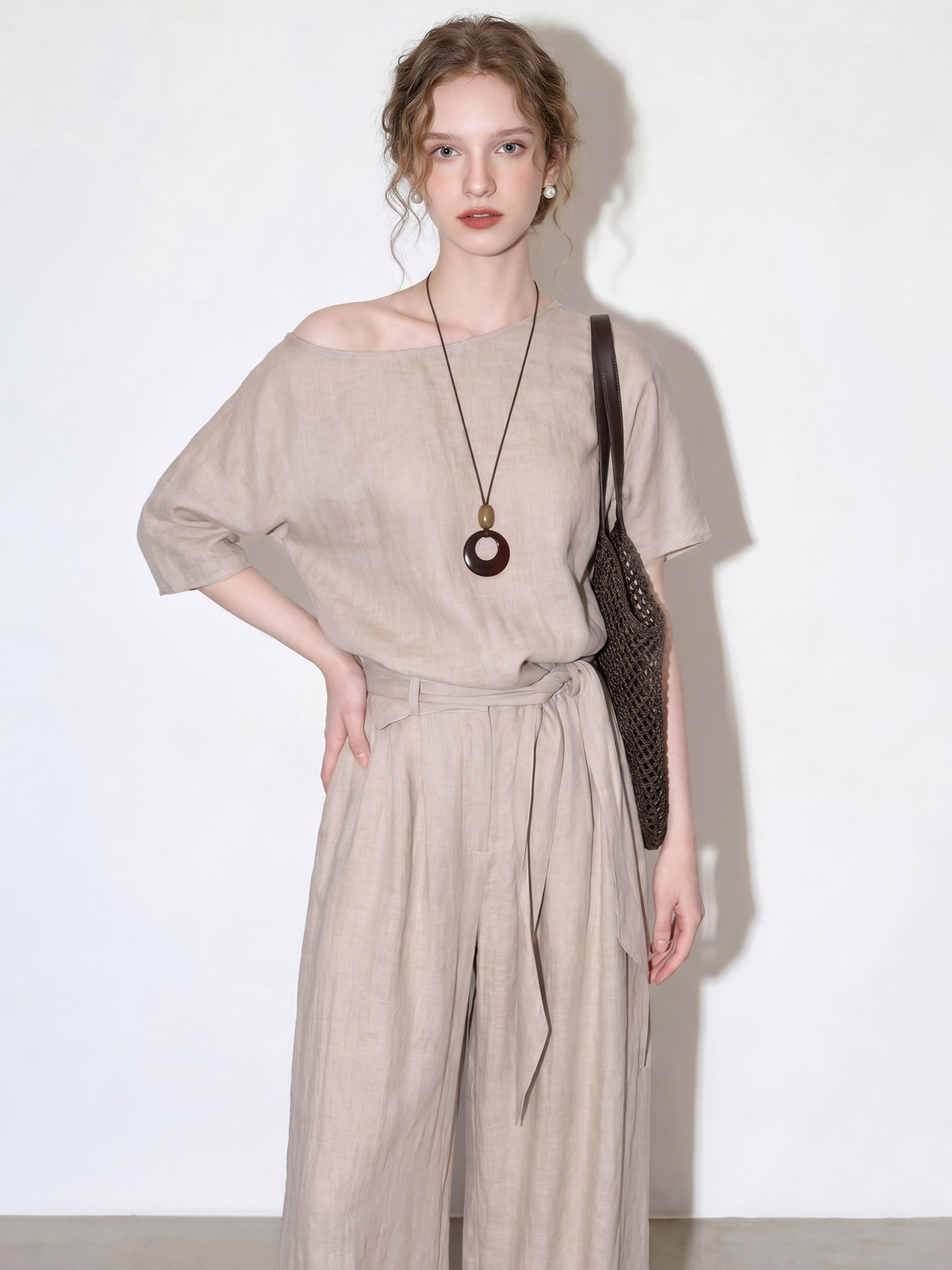 Apricot gray sloped collar Tencel shirt wide-leg pants two-piece set for women 2026 summer new temperament commuter style suit