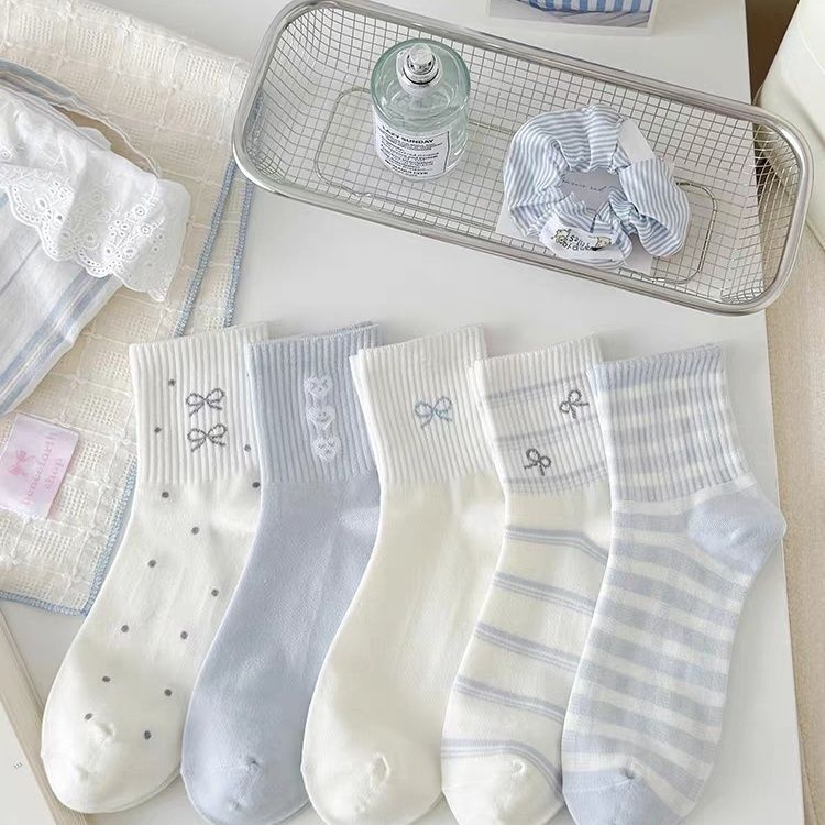 Light Blue Socks for Women, Mid-Calf Socks, Spring and Autumn Style, Cotton Socks, Trendy Japanese Style, Versatile, Seamless, Sporty Style, Bow-Knot Long Socks