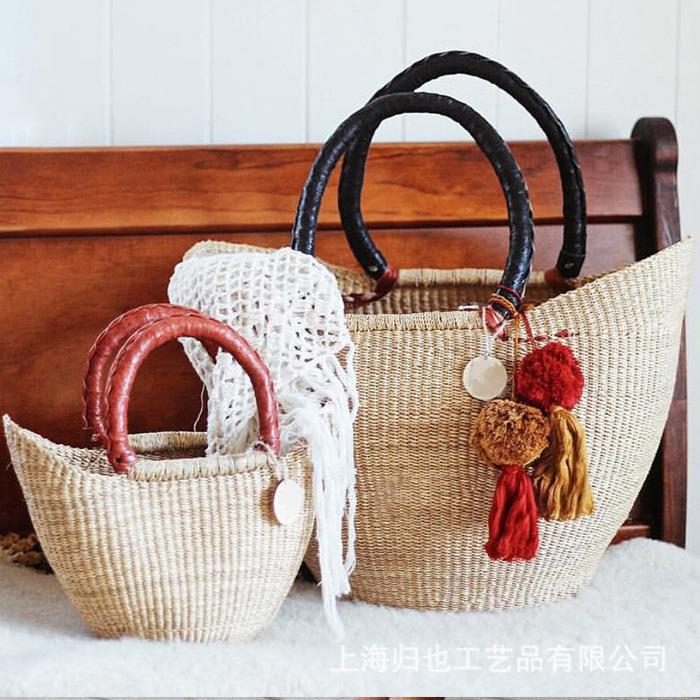 5.15 Update: Cross-Border Import from West Africa, Handmade Elephant Grass Woven Storage Shopping Basket, Genuine Leather Straw Bag
