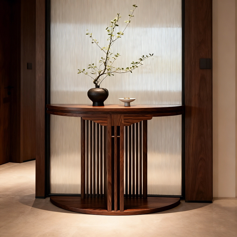 New Chinese-Style North American Black Walnut Entrance Table, Song-Style Aesthetic Solid Wood Semi-Circular Entryway Cabinet, Sideboard, Display Table