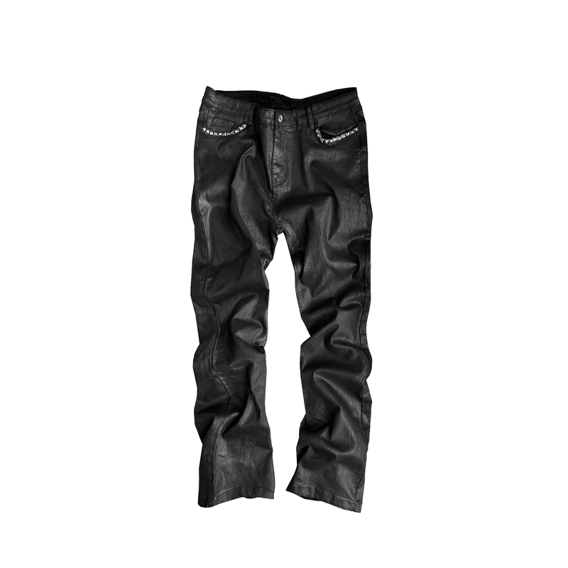 Cindervein Pocket Rivet Waxed Pants with Hand-Painted Crackle Spray Finish, Oil-Washed, Slub-Spun Straight-Leg Jeans