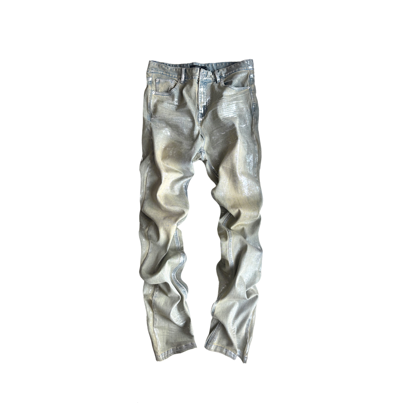 Cindervein 3D Crinkled Distressed Color-Frayed Whisker Effect Brushed Silver-Foil Vintage Elastic Straight-Leg Jeans Cindervein 3D Crinkled Distressed Color-Frayed Whisker Effect Brushed Silver-Foil Vintage Elastic Straight-Leg Jeans
