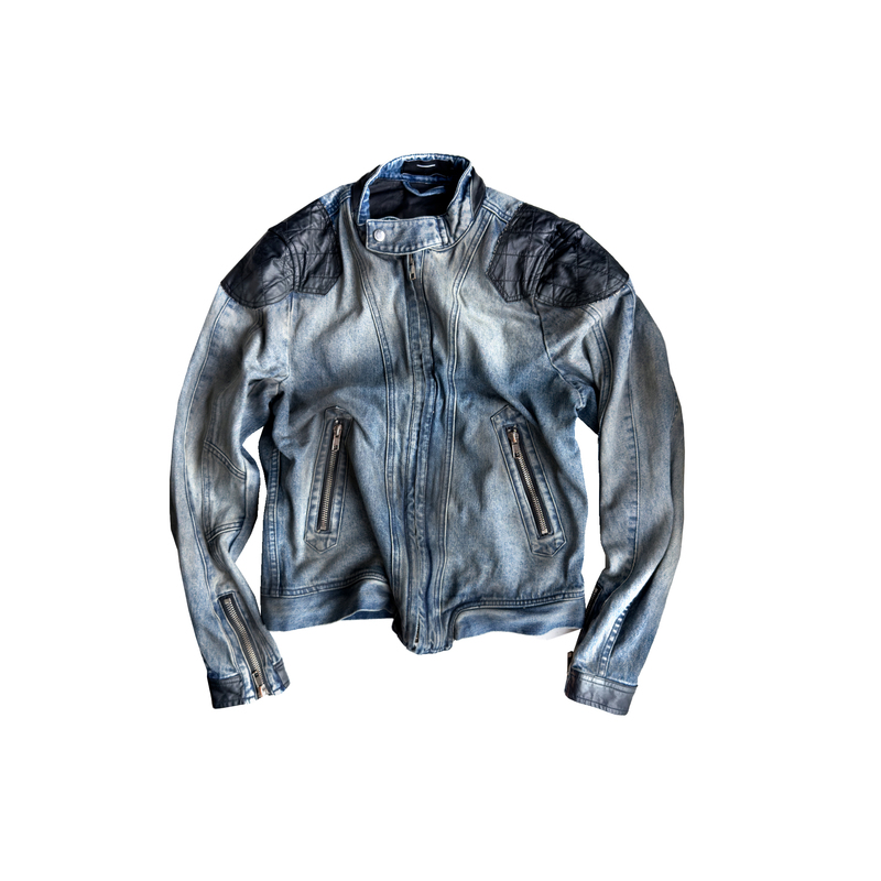Cindervein Armor-Style Leather Patchwork Blue Denim Jacket with Whiskered Detailing, Sandblasted, Hand-Painted, Distressed, and Washed
