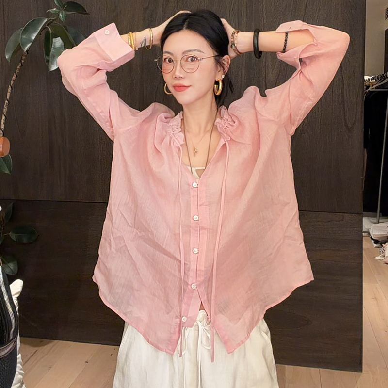 Luna's High-End Long-Sleeved Shirt with a Lotus Leaf Collar, Lace-Up Design, and Made of Ramie Fabric