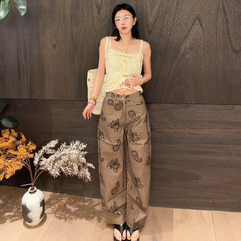 Luna "Cashew Fruit" Vintage Cashew Print Washed Wide-Leg Jeans Luna "Cashew Fruit" Vintage Cashew Print Washed Wide-Leg Jeans