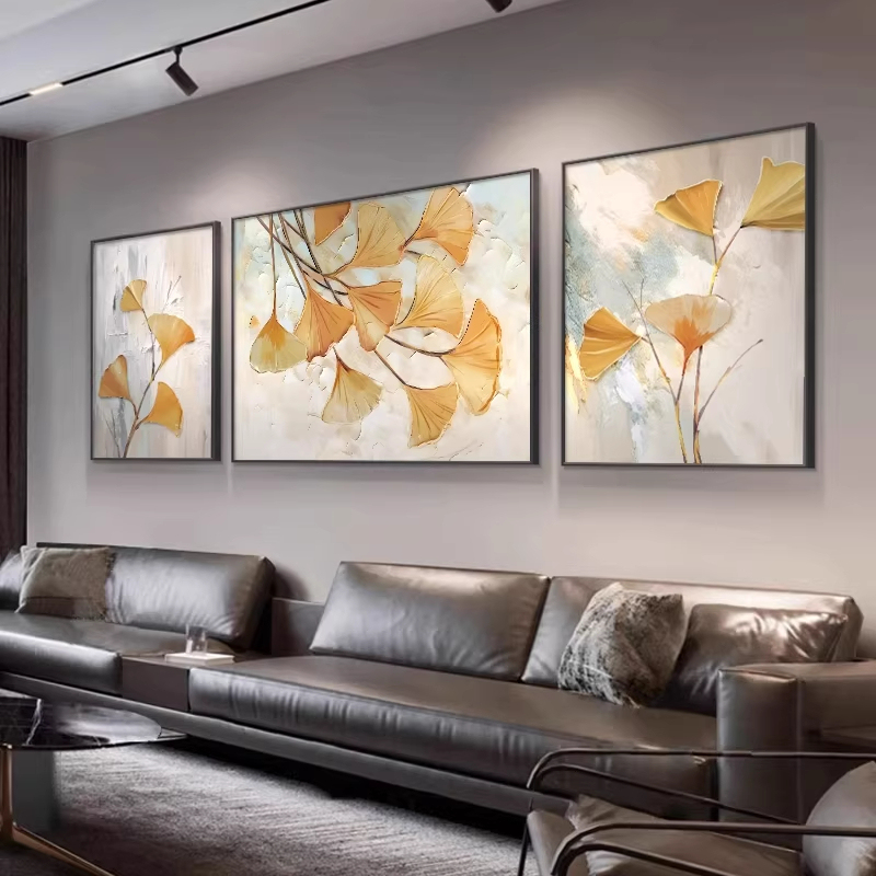 Golden Apricot Blossoms and Ginkgo Leaves in Dafen Village Living Room Oil Painting, High-End and Grand Triptych Sofa Background Wall Texture Hanging Painting